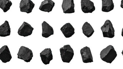Collection of natural black coal pieces isolated on white background, suitable for various industrial and environmental themes.
