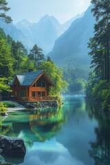 Fototapeta premium Secluded cabin, serene lake, majestic mountains.