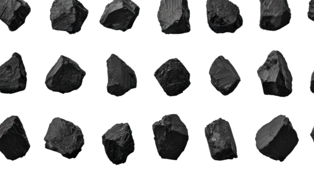 Collection of natural black coal pieces isolated on white background, suitable for various industrial and environmental themes.