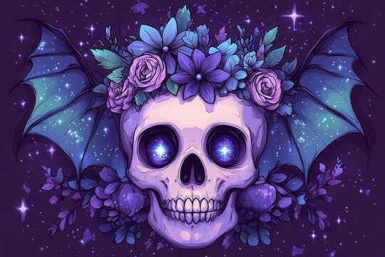 kawaii pastel goth skull wearing a flower crown, with sparkly iridescent bat wings and big adorable eyes, on a starry purple background