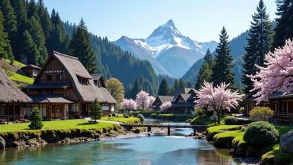 Obraz premium A serene scene unfolds as a gentle river meanders through lush greenery, bordered by a quaint wooden bridge. Calm, crystal-clear waters mirror the azure sky above, creating a tranquil harmony between 