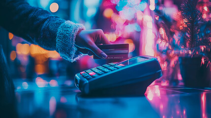 Nighttime contactless payment transaction at a glowing kiosk