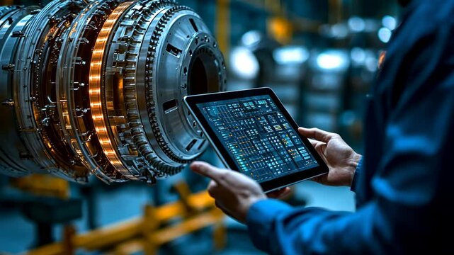 Industrial Engineer Using Tablet to Inspect Aircraft Engine, jet engine, turbine engine, technician, maintenance, inspection