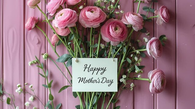 Pink flowers and lush green leaves on a soft pink background, featuring the text  Happy Mother's Day