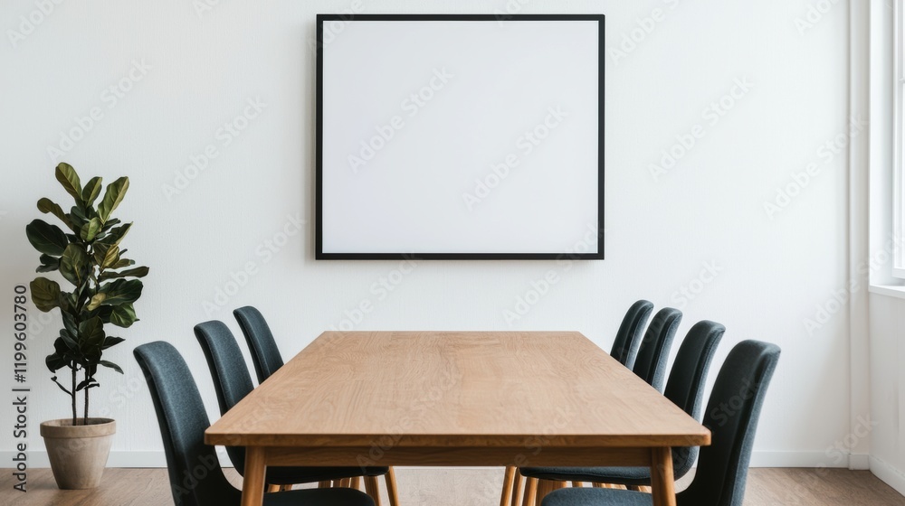 Poster Modern conference room showcasing technology and collaboration with empty table and interactive display screen