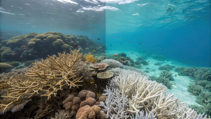 vibrant coral reef contrasts with bleached section underwater