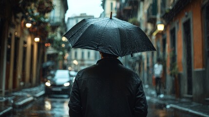 Person with Umbrella in Rainy Urban Street Scene