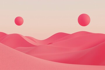 Minimalist design with pink desert dunes and two red spheres floating in sky, vector art style, perfect for modern abstract themes