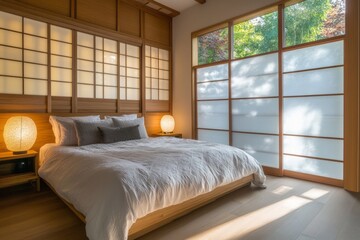 Fototapeta premium Serene Bedroom With Wooden Shoji Screens And Natural Light