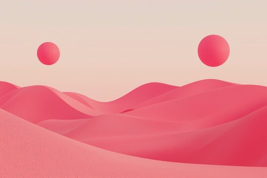 Minimalist design with pink desert dunes and two red spheres floating in sky, vector art style, perfect for modern abstract themes