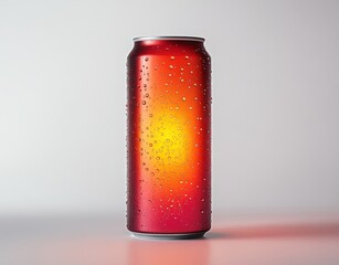 Fototapeta premium Vibrant Red Beverage Can with Condensation, Demonstrating Refreshing Drink, Isolated on Light Background, Designed for Advertising and Marketing Use in Various Beverage Industries