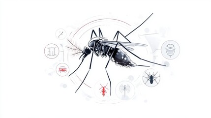 A stylized, minimalistic illustration of a dengue fever mosquito in flight, with a pure white background. The mosquito is shown with a faint red overlay, symbolizing the spread of dengue fever. 