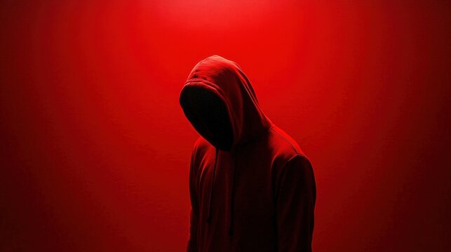 Silhouette of a hooded figure against a vibrant red backdrop. 