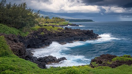 Obraz premium Volcanic Coastline With Ocean Waves Crashing Against Rocks