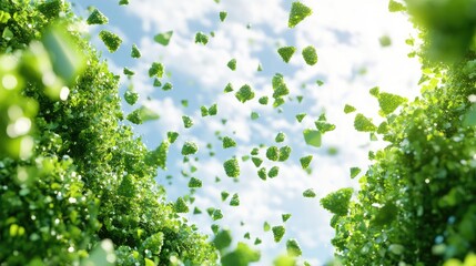 Green foliage fragments ascend into a bright sky