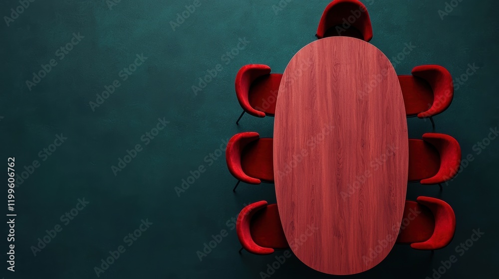 Aufkleber oval meeting table surrounded by red chairs promoting brainstorming and innovative solutions