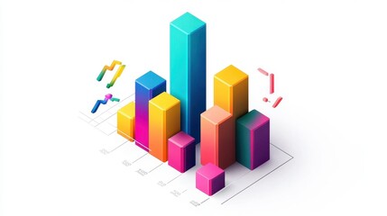 A creative bar chart, corporate element, isometric view, vibrant colors, isolated on white background.