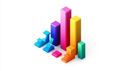 A creative bar chart, corporate element, isometric view, vibrant colors, isolated on white background.