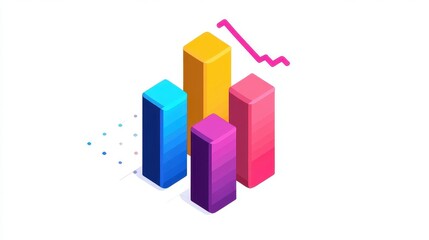 A creative bar chart, corporate element, isometric view, vibrant colors, isolated on white background.