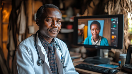Fototapeta premium Portrait of senior African doctor sitting at his desk in his office