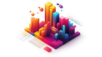 A creative bar chart, corporate element, isometric view, vibrant colors, isolated on white background.