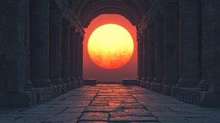 Naklejka na ściany i meble Enormous Sunset Viewed Through Ancient Stone Columns of a Temple Ruin