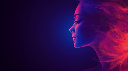 Striking portrait of woman with flowing hair against vibrant red and blue background