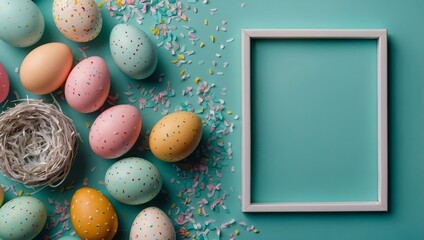 Flat lay photo of colorful Easter eggs and sprinkles on teal background and white photo frame in the middle. Holiday card idea