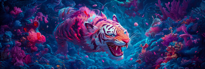 Pink Tiger in a Vibrant Underwater Realm: A Surreal Digital Painting