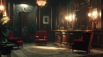 Luxurious vintage hotel lobby interior at night.