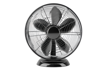 Vintage black pedestal fan on a white background ideal for cooling spaces during warm weather