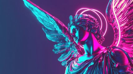 Neon Angel Sculpture Retro Synthwave Art 80s Style Pink and Cyan