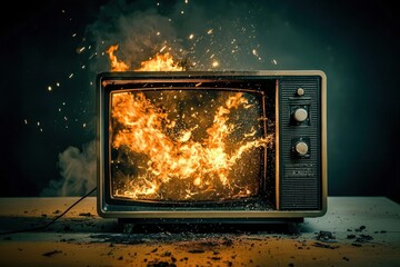 Dramatic explosion of an old television releasing fire and smoke.