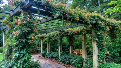 A wooden pergola covered in green vines with orange flowers and a brick pathway.