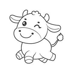 Cute cow jumping feeling happy for coloring