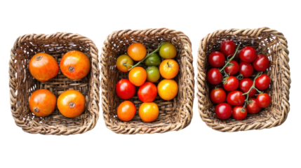 Three wicker baskets filled with colorful fresh fruits: oranges, yellow tomatoes, and red cherry tomatoes on a white isolated background.