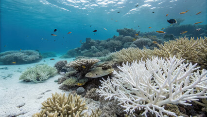 vibrant coral reef turning white due to bleaching underwater