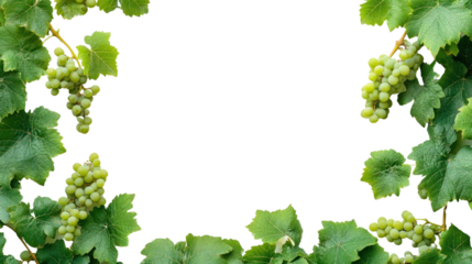 Fresh green grapes framed by lush green leaves on a white isolated background, perfect for healthy eating or natural product themes.