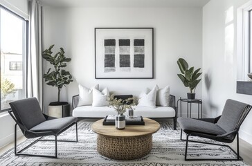 Modern living room with black and white decor. The sofa has a wooden frame with grey cushions and a blanket