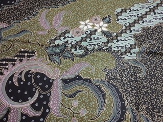 Flora, batik, micro dot cloth texture, gold, yellow, grey, blue, green, brown color natural background color clothing, south east Asia, Arabic, Malay, traditional pattern