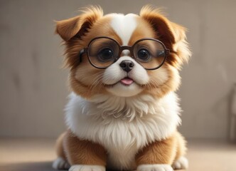 Fototapeta premium Adorable fluffy puppy wearing oversized glasses, humor, portrait, cute