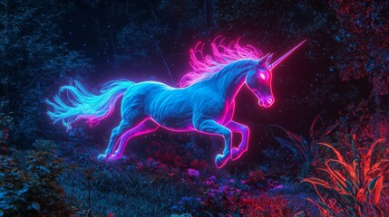 Magical Neon Unicorn Galloping Through Enchanted Forest at Night