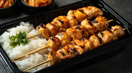Grilled chicken skewers with rice and kimchi in a takeout box.
