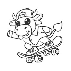 Obraz premium Cute cow playing skateboard and wearing a hat for coloring