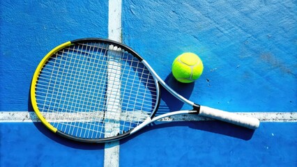 Tennis Racket and Ball on a Blue Court