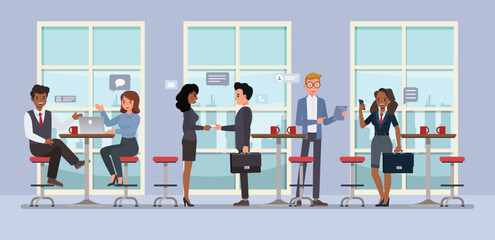 Businessman and businesswoman professional networking event where individuals are mingling and exchanging business cards character vector illustration design. Business networking event concept.
