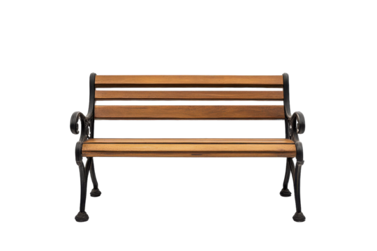 Wooden park bench with decorative metal arms ideal for outdoor relaxation in urban settings