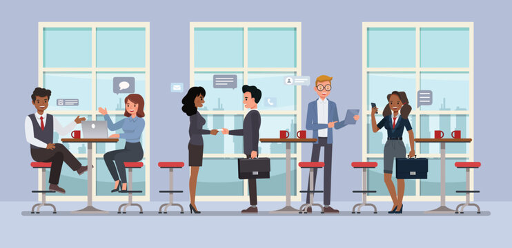 Businessman and businesswoman professional networking event where individuals are mingling and exchanging business cards character vector illustration design. Business networking event concept.