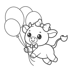 Cow wearing a headband and floating with balloons for coloring