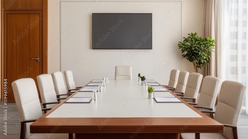 Poster Modern boardroom with empty chairs and large screen displaying information